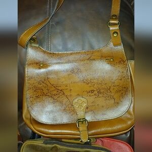Patricia Nash Map Print Tan Leather Shoulder Bag